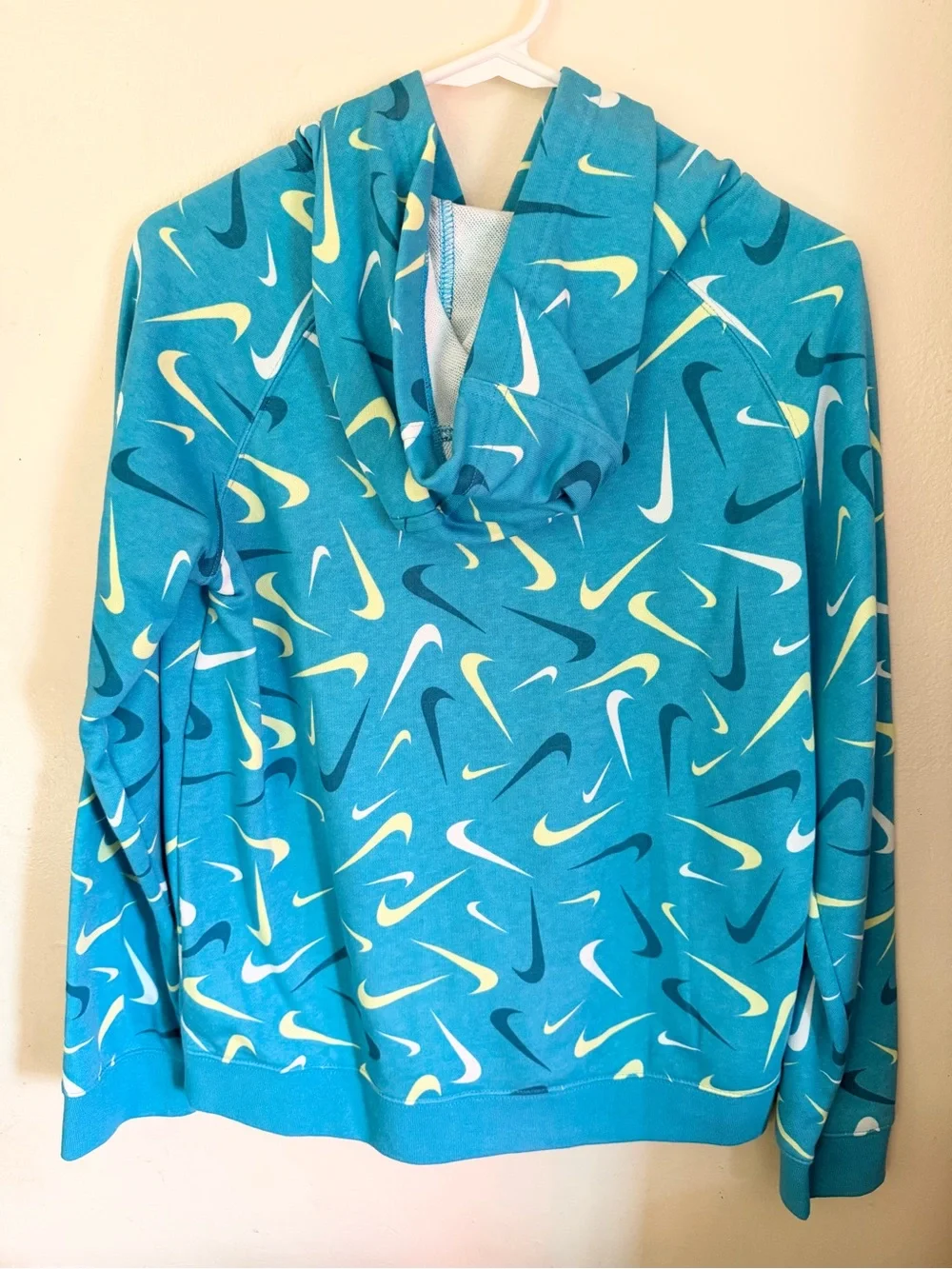 Nike Turquoise Teal Hoodie with White & Yellow Swoosh Pattern